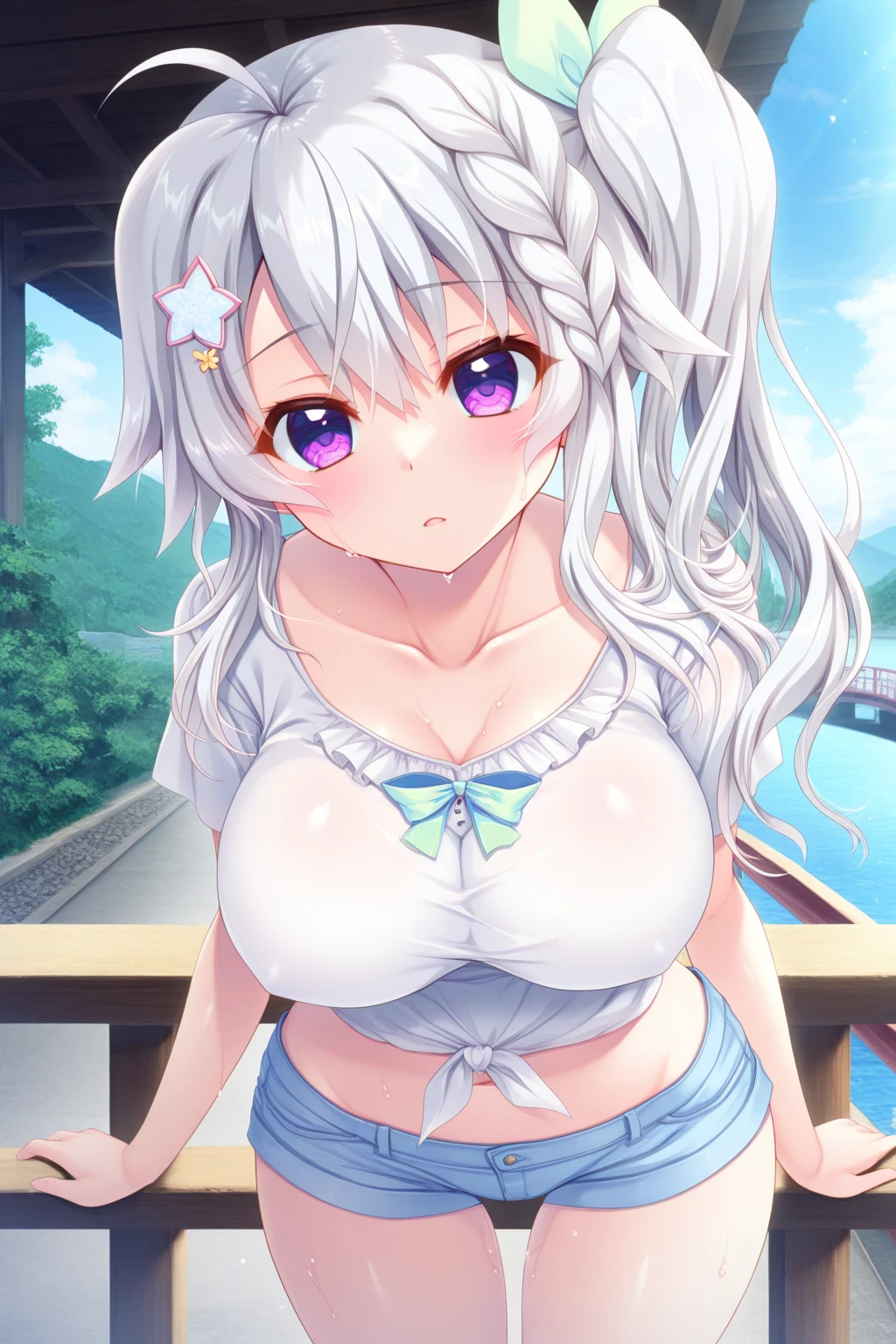 4K,High resolution, (Highly detailed CG,8K,wallpaper)、一人のnakedの女性,((naked))(Clean detailed eyes),(grassland),(((NSFW))),(((長く尖ったHuge breasts))),(Huge breasts),(Huge breasts),Big choker,Top view,((Silver Hair、Cute hairstyle)),No clothes,Background Blur,Vignette
