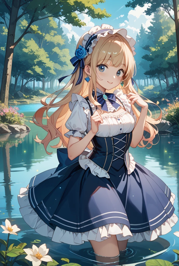 (((Masterpiece)))), (((Best Quality))), ((Super Detailed)), ((Very Delicate and Beautiful)),8k,16x,(Bokeh,Blurry Background),(Best Shadow), (Very Cute Girl, Smile),{Alice Costume in Wonderland},{Alice Costume in Wonderland},Blonde Hair, Blue Eyes, Blue Hairband, Ahoge, Blue Frame Wellington Glasses, {Prairie and Castle, Stone Arches}