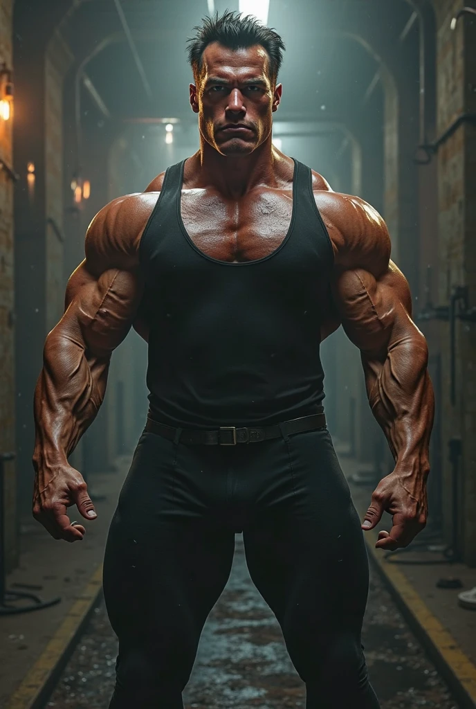 older men sweat bodybuilder . black leather janitor  clothing.  unhinged romatical.beatful .tall.giant bodybuilder.  whorms eye view. standing.short hair wild ginger. green eyes goofy. big lips.dark brown hair. Elegant. Gay porn pose