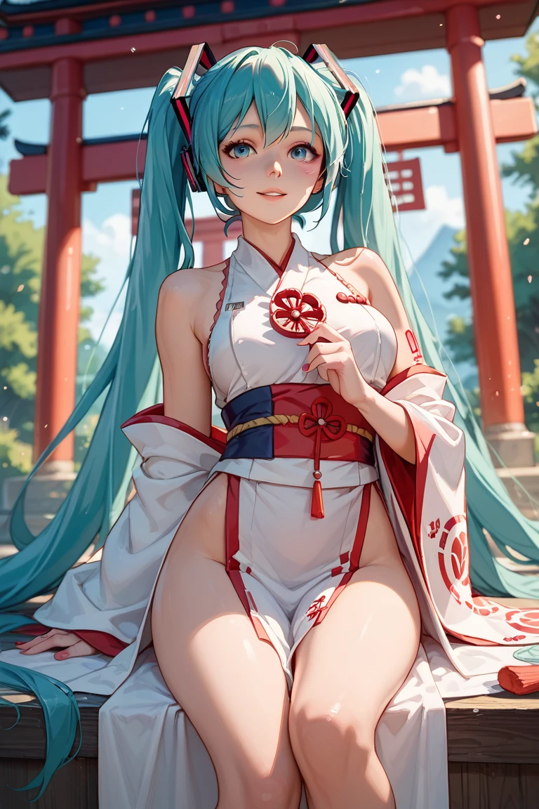 (masterpiece, best quality), 1girl, <lora:tomoe_v01:1> tomoe_mf, aqua_hair, japanese_clothes, bare_shoulders, detached_sleeves, cleavage, sash, sandals, scarf, red_eyes, hakama
