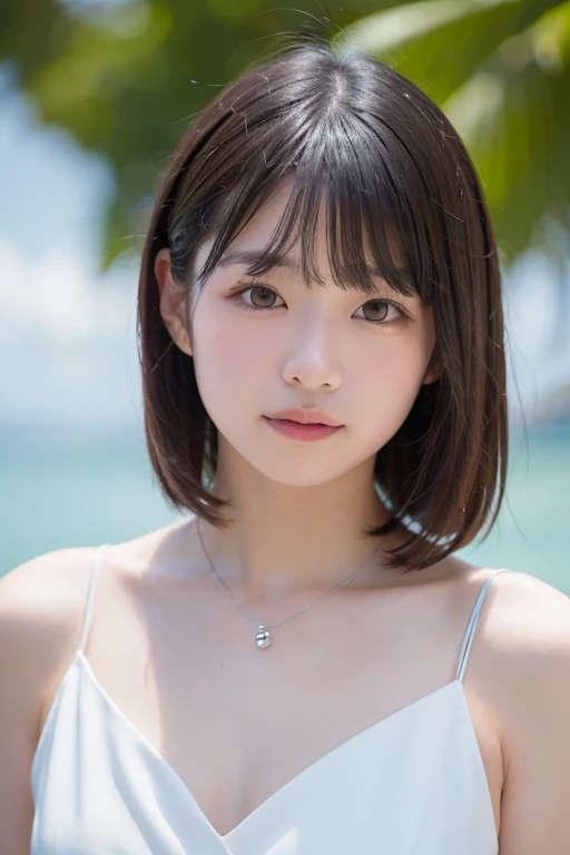 table top, highest quality, 8K, 1 girl, 24 Private, big big breasts, RAW photo, professional photography, portrait, soft light, professional lighting, alone, 笑face, close,  face, close, cute, girly, goddess, delicate girl, neat beauty, Digital single-lens reflex camera, look away, thin straight eyebrows、Thin slit eyes、にっこり笑face、open lips、double teeth、Frank, Sophisticated, film grain, (目とfaceの詳細:1.0), Very berry short hair swaying in the wind, bangs, ear、Pearl piercing、silk blouse、soft breasts hanging down、nipples are transparent