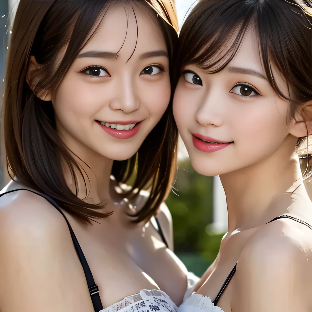 (masterpiece, realistic, photo-realistic:1.2), finely detail, ultra high res, perfect ???????, best quality, 8K, soft focus, (grin, happy smile:1.3), (2girls, harem, 16yo Japanese short girls, awesome detailed fairy costumes:1.2), portrait, (upper body shot:1.2), focus on breasts, (braid, pink straight hair, blunt bangs:1.2), beautiful detailed face and big eyes, (glowing fair skin, shiny oiled body:1.2), (pointed huge breasts, gigantic breasts:1.2), (bloom, awesome detailed illusory forest, bokeh:1.2), pose emphasized breasts, 2girls side by side,