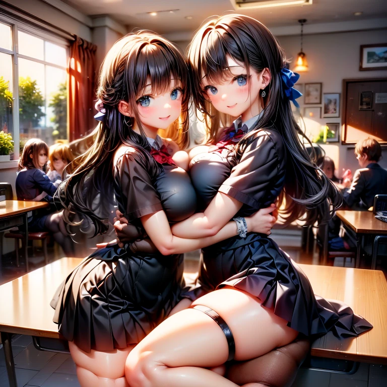 (2 girls:1.5),(Huddle together:1.5), (Sit on a luxury bed:1.5), (school uniform:1.5)、 (Holding hands:1.5)、(crying:1.5),(masterpiece, Highest quality:1.2), (cowboy shot:1.3), (Highest quality: 1.5), ((Intensive、Close Contact:1.5)), (masterpiece: 1.5), (2.5D)、8k, Official Art, RAW Photos, (((Skin glowing with oil:1.3)))、(A lot of milk all over my body:1.5)、 (best quality:1.2), (arms up, open legs:1.3), ((Sad:1.3))、(Beautiful night view, Huge windows, Luxury bed:1.3)、Soft Light, Beautiful and slim,Lift your hips high, Elegant and sexy, ((((Wet)))),