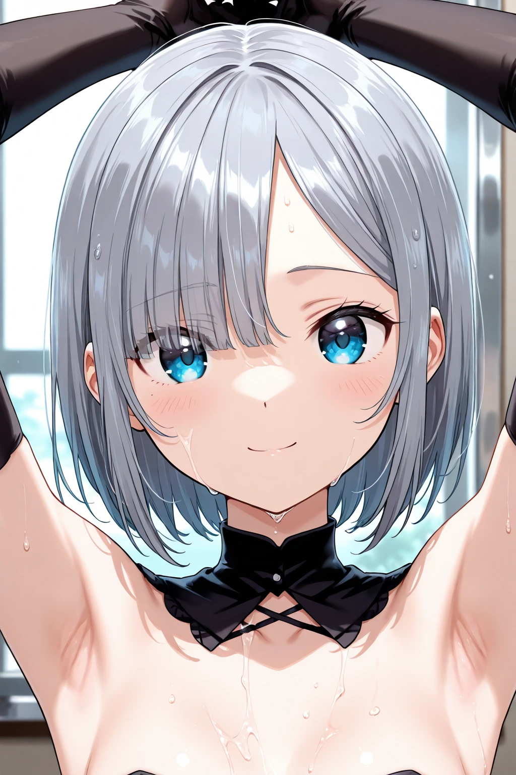1girl,upper body,pov,face,light White hair,breasts,lblue eyes,(tight skin:1.5),(Covered nipples:1.3),medium breasts,Impossible swimsuit,tight skin,shiny skin,masterpiece, best quality, very aesthetic, absurdres,front view,looking at viewer