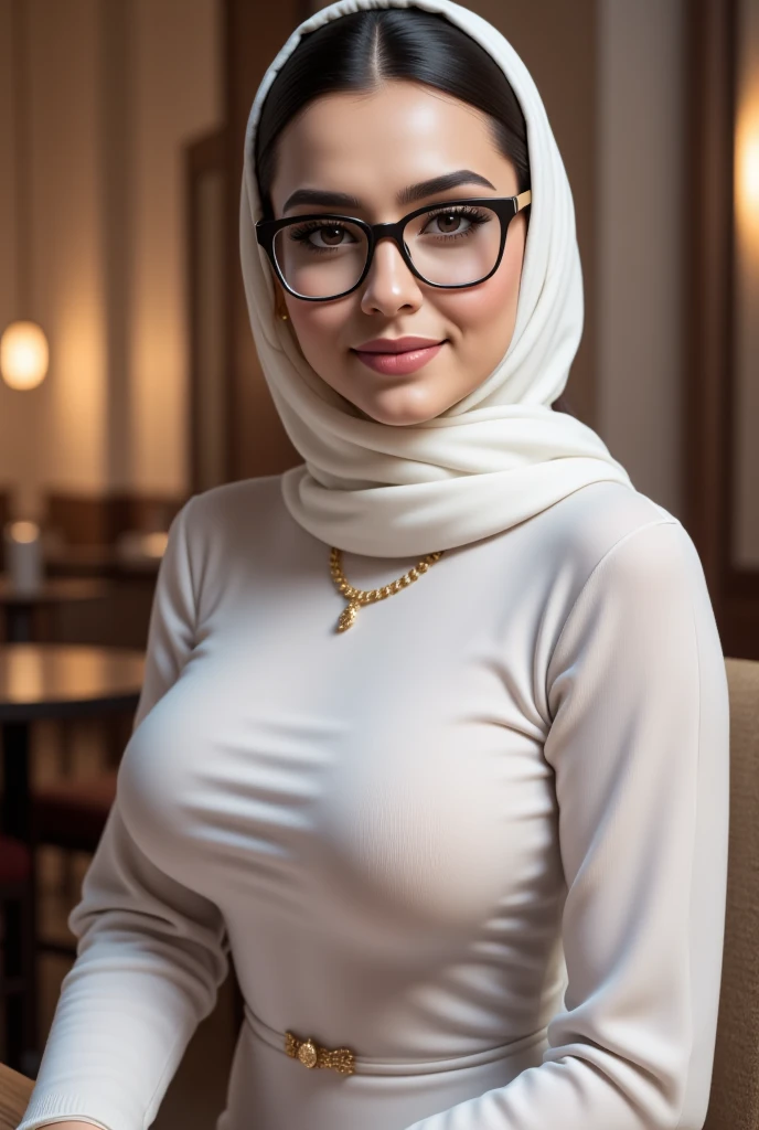 ((beautiful Nerd malaysia college Lecturer woman)), (((45 Years old, Middle age woman, name Wanda Hamidah))), ((Black eye, Small Nose, wearing nerd eyewear,tudung muslim,modernbaju kurung look rich,calm,confident,happy,beautifull body)),looking at viewer, sitting on desk in classroom, (photo, photorealistic:1.37), (ultrahigh-res), half body, walking pose, hyper detailed POV, by lee jeffries, nikon d850, film stock photograph ,4 kodak portra 400 ,camera f1.6 lens ,rich colors ,hyper realistic ,lifelike texture, dramatic lighting , cinestill 800, (huge breasts 1.3)