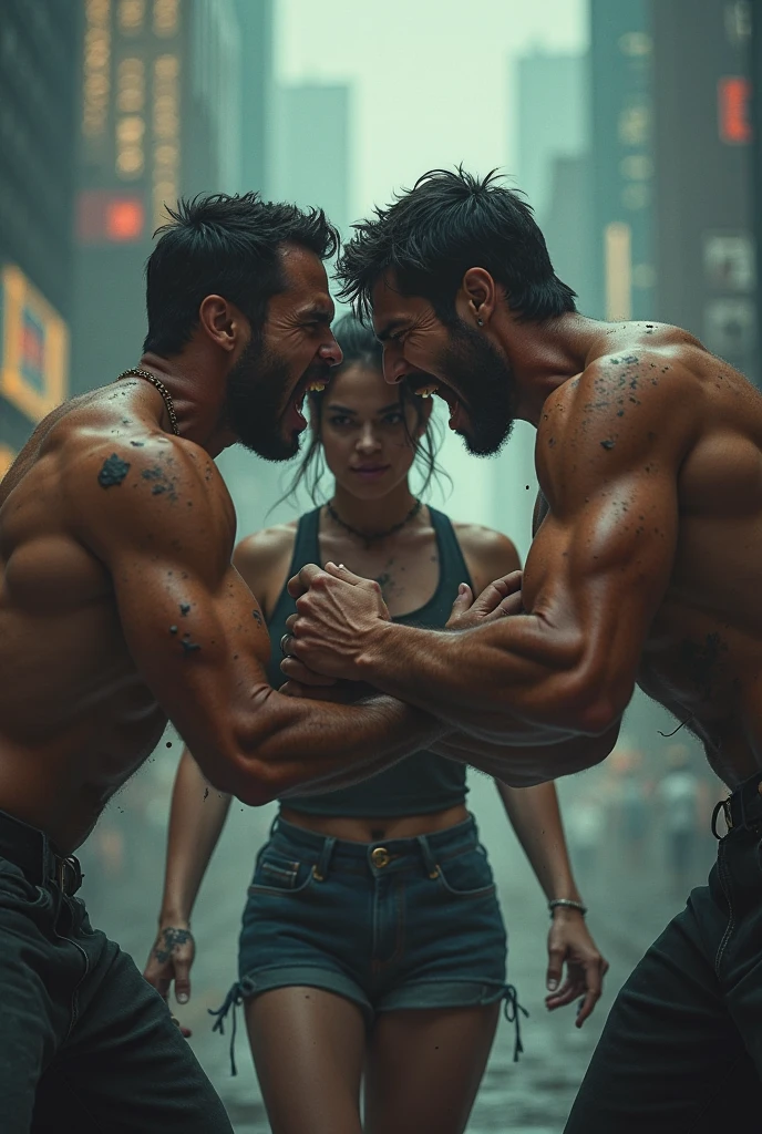 There is a strong hairy and bearded Iranian man standing, TURNED ON YOUR BACK, in front of an electricity pole on the sidewalk, open pants, Bulge, beautiful woman in casual clothes in front of you.