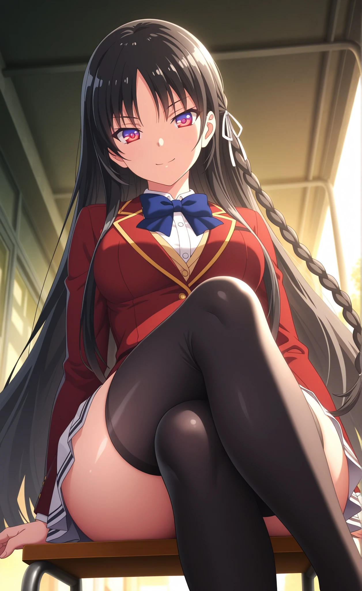 nsfw,Viewer Caution,suzune horikita, (Red eyes:1.3),Shade,Under the tree,in the forest,Show the whole body,front,from the front,squat,uniform,Red blazer,Hair Ribbon,Black knee-high socks,White panties,Panties in full view,(pussy cameltoe:1.0)