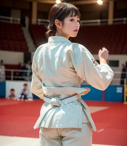 A sweet girl in a judo costume，Standing in the ring，Barefoot