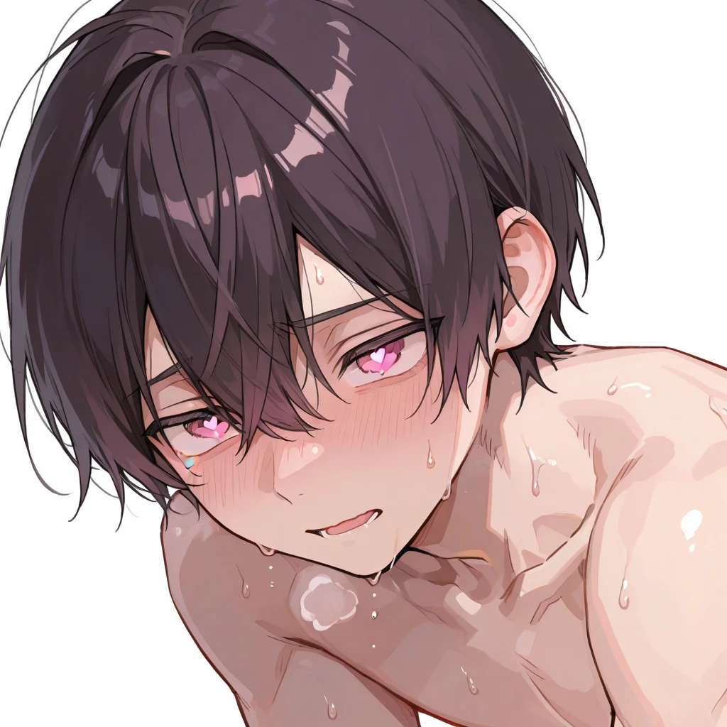 masterpiece, best quality, high quality, 1boy,10 yo, duo, male focus, full body, looking at viewer, brown hair,spiky hair, no shirt, wearing white wet towel, steam smork, japan style, anime coloring, shy, home muji style, detailed face, Japan style,begging