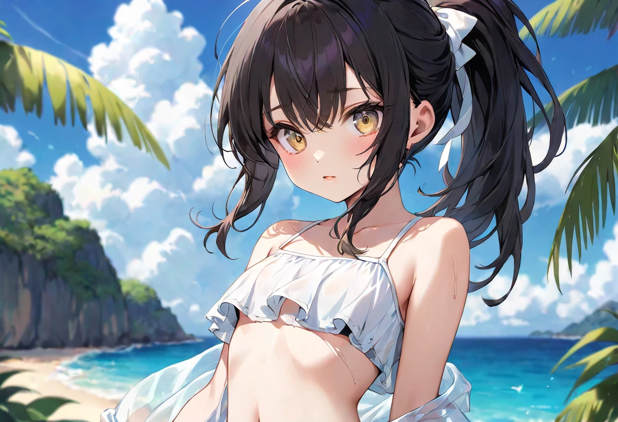 Sparkling sea and tropical ocean, Sunny sky with fluffy white clouds, Palm trees along the coast, Blur the background,Pleasant sea breeze,Young woman with dark hair, Swimwear,smile,Glitter effect,highest quality, 4K, 8k, High resolution, masterpiece:1.2, Very detailed, Realistic:1.37, High resolution, 超High resolution, Studio Lighting, Ultra-fine painting, Sharp focus, Physically Based Rendering, Very detailedな説明, Professional, Vibrant colors
