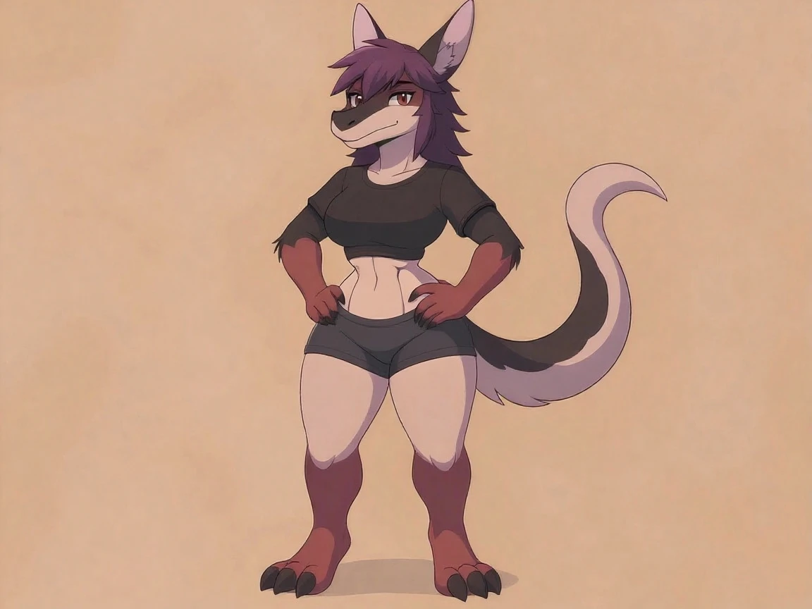 Solo, score_9, score_8_up, score_7_up, score_6_up, score_5_up, score_4_up, source_furry, Anthro, androgynous, anthro furry girl, maned wolf, brown eyes, tall, long legs, thick thighs, , short brown hair, white tips on hair, white highlights on hair, low ponytail. side locks, snout, jitome, bags under eyes, flat chested, wearing black bandeau, black boy shorts, holding her arm, shy smile, front view,