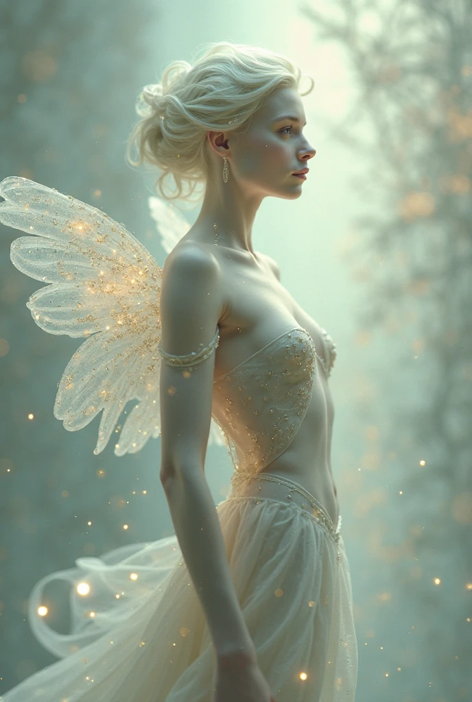 fairy fractal elemental of light and plasma, butterfly wings made of threads, long cloak dress made of light thin stripes of haze disappearing into the background, iridescence, airy, atmospheric, translucent, detailed drawing, HDRI Lightin, flickering, professional photo, high resolution, 8k, surrealism, aesthetics female body, light colors, delicate pearl pastel colors a scattering of star dust, starry sky, opalescence, fractal background golden kaleidoscope dissolution, beautiful eyes and face, cinematic photo, 35mm photograph, film, bokeh, professional, 4k, highly detailed