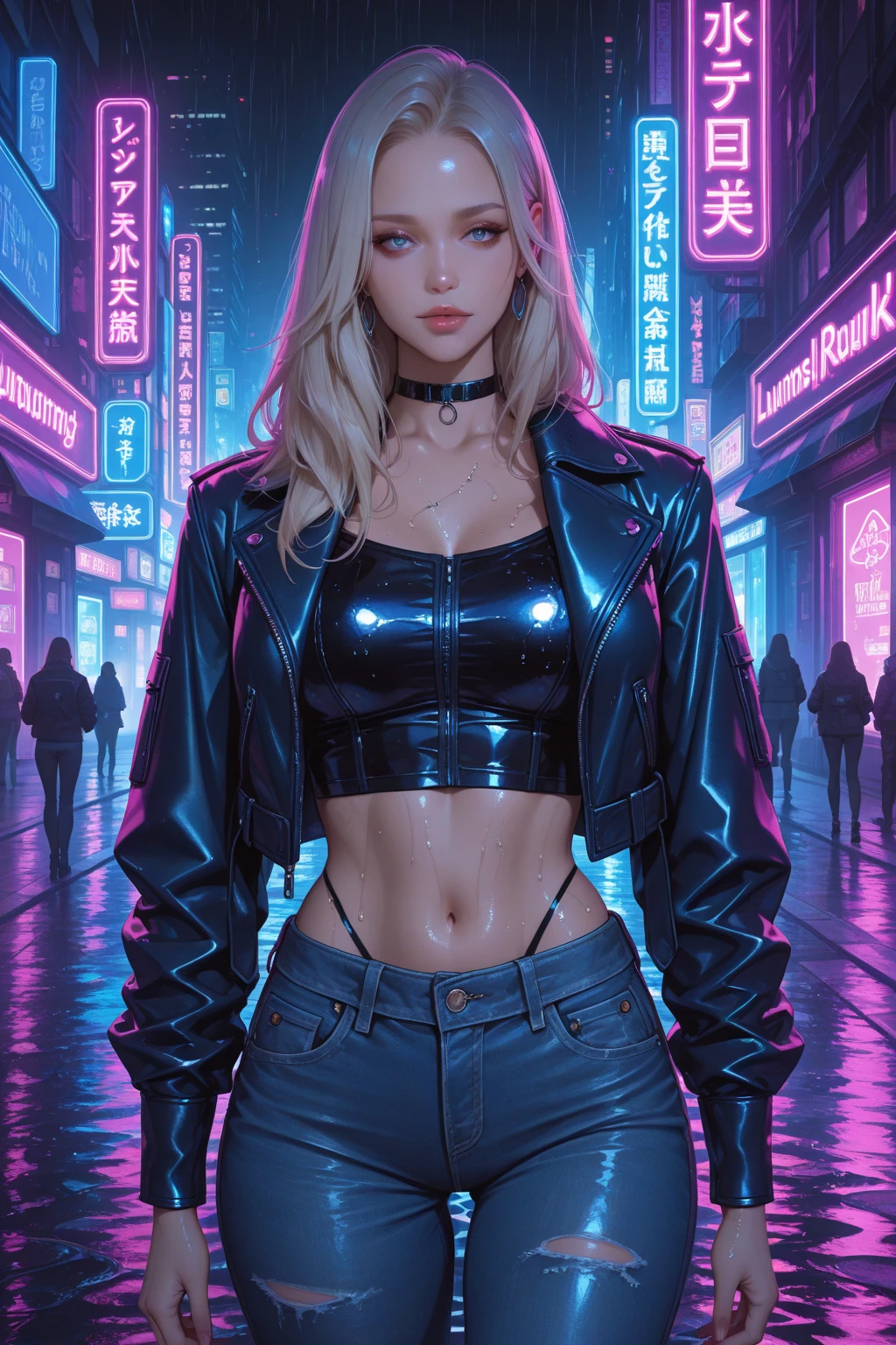 Full body. Disney princess. A young woman on her 20's with long blond hair and blue eyes. punk clothes (purple,and balck). rock style