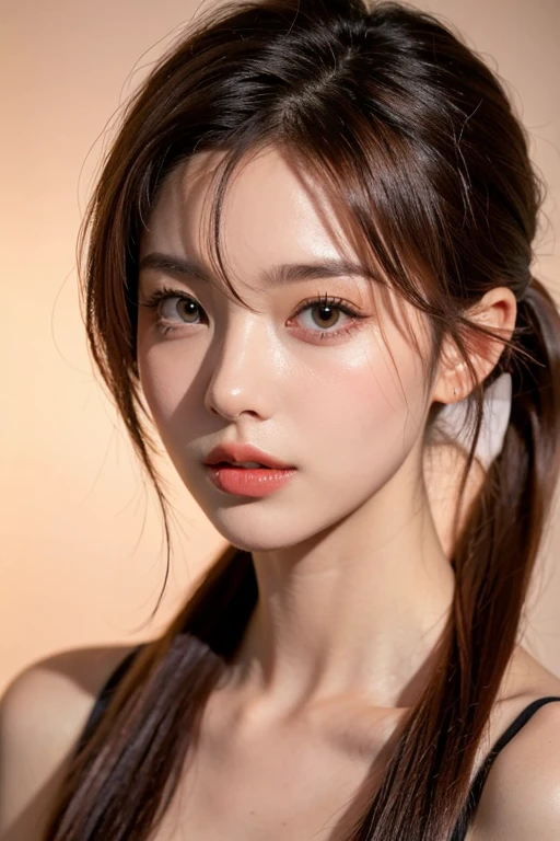 artistic woman, glossy skin, soft red lips, cinematic style, disheveled hair, light streaks, hair covering forehead, extremely natural hair, highly detailed girl's face, realistic lighting and shadows, large eyes, extremely realistic face, masterpiece, blue sky background, blushed cheeks, chestnut ponytail, perfect makeup, gazing at the audience, wearing blue bikini, 8K ultra high quality, realistic painting, realistic depiction, double eyelids, realistic fabric texture in clothing, deep dark eyes, graceful facial features, blue sky background, cinematic style, extremely realistic skin, artwork, gazing at the audience, chestnut ponytail, masterpiece, perfect skin