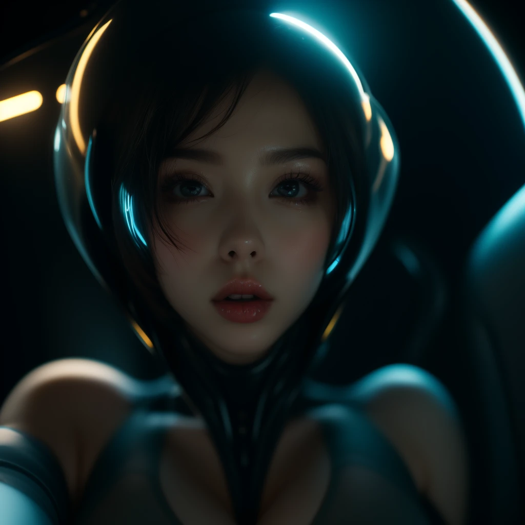 Future city, universe, technology, magic, reality, cute woman (sheer body suit with blinking lights, no underwear), starry eyed sight seer