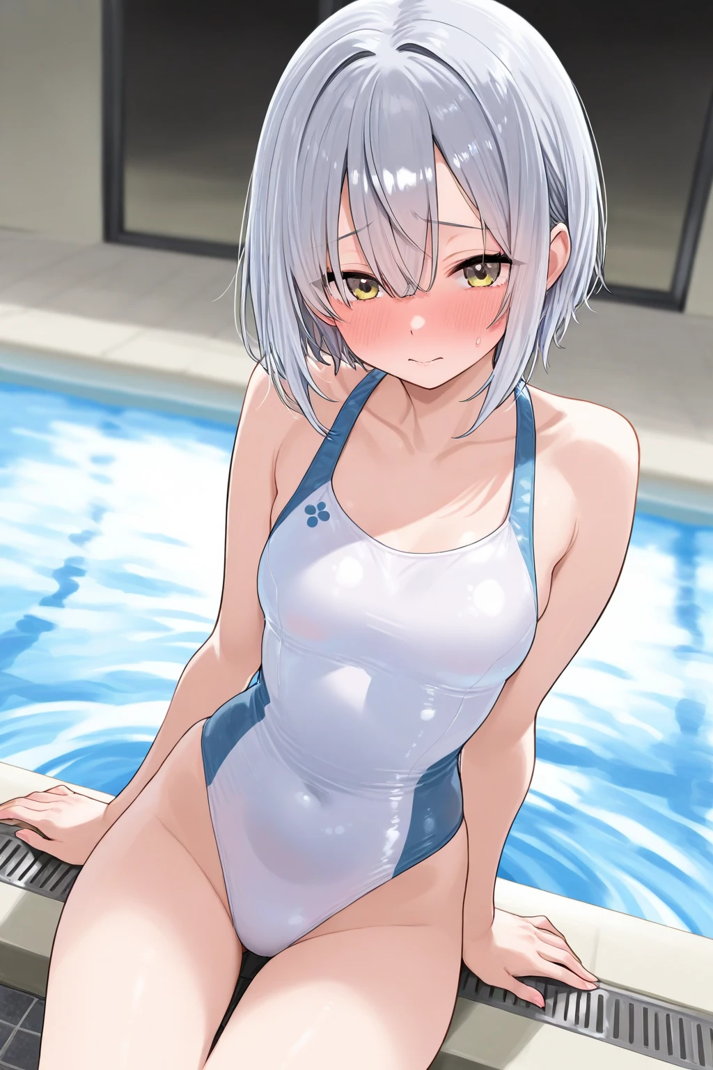 (​masterpiece:1.5)、very detailed face and eyes、(Photorealsitic:1.2)、 ultra-quality、ultra-detailliert、Perfect drawing、animesque、charming anime girls,、beautiful alluring anime woman、Smooth Anime CG Art、独奏、1girl in、Angle seen from below、裸の女子、((middlebreasts：2.0))、(((maikurobikini)))、(((White tiny swimsuit)))、The swimsuit is fluffy、bare-legged、(No bra)、(short-hair)、Moisturized eyes、red blush、clearface、The shape of the pubic area is clearly visible、((Clearly visible areola))、((Sweat))、slender、((urination from the reproductive organs,))、お漏らし、urine leaks、Look at viewers、perfect foot、((Spread your legs apart))、((Niō Standing))、((in poolside))、Urban cityscape、Luminias、Poses to show off、Accurate drawing、meticulous drawing、Beautiful background、Motion blur effect