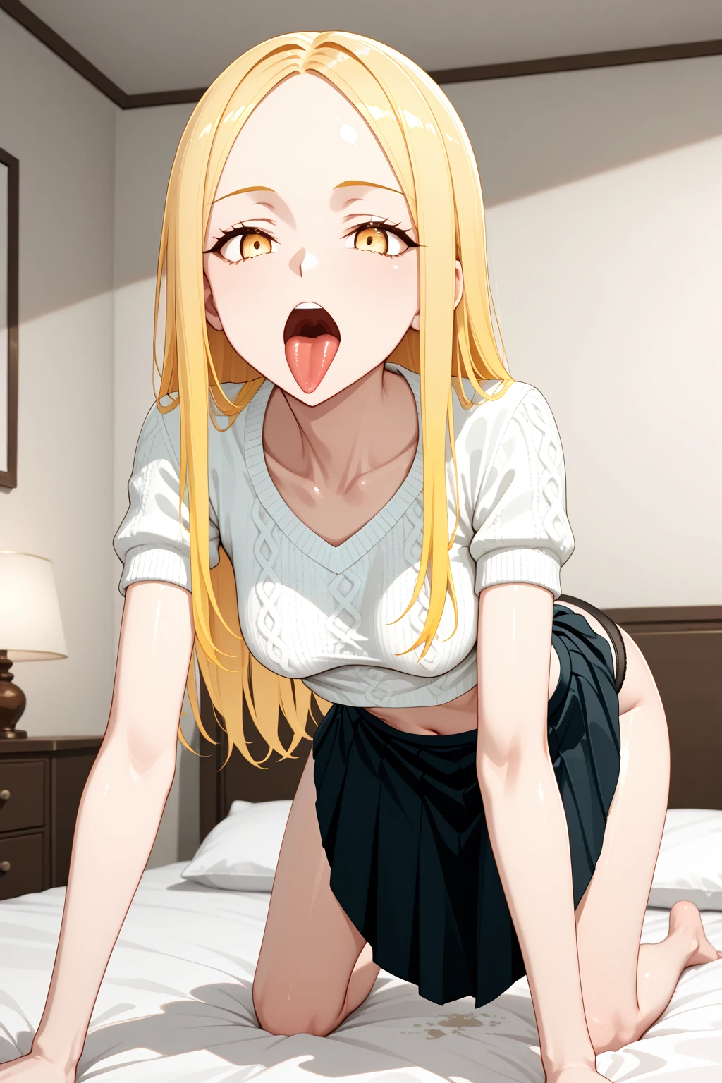 young girl, long hair, blonde hair, dark green eyes,forehead,hair combed back, small breasts, short stature, (happy with open mouth and tongue out),teeth, sweating body, (blush), nude, nipples( on all fours from above,bed
