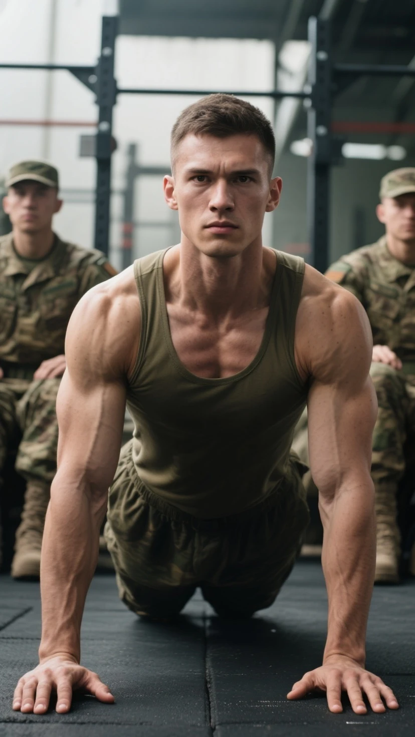 a shirtless 21-year old handsome caucasian male in messy haircut, camouflage pants, camouflage boots, cute, handsome face, six-pack abs, beautiful body, well-defined body, sweating profusely, dripping with sweat, drenched with sweat, exhausted, shirtless, marching with other soldiers in the military camp
