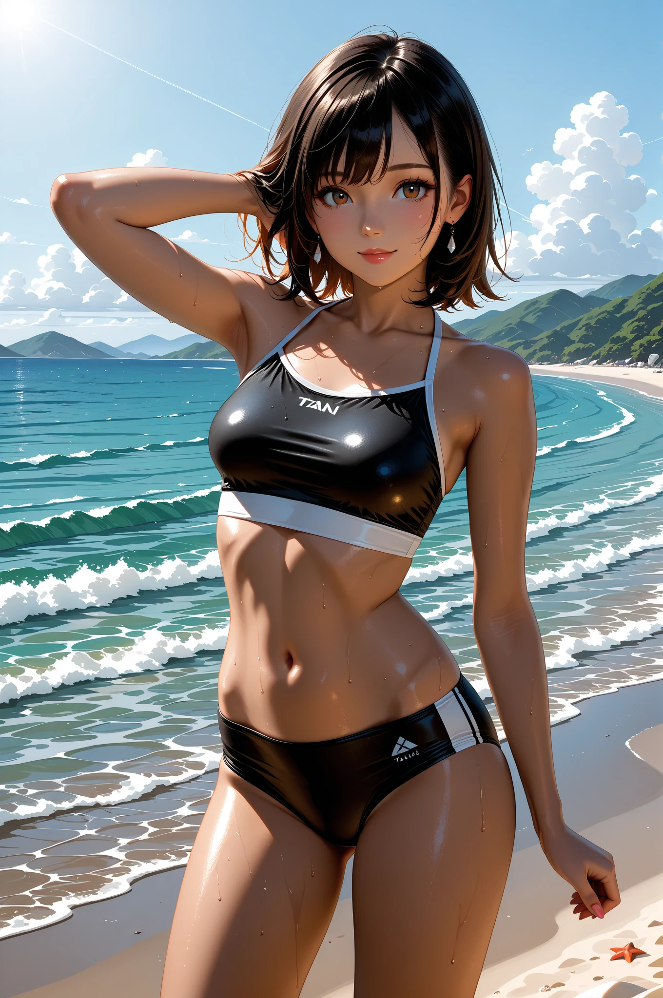 tropical island, beach, palm trees, ocean, beach ball, sand, sky, clouds, sun, sun light, (masterpiece), best quality, 8k, 4k, hd, hires, best quality, masterpiece, ultra-high detailed, hyper-detailed, intricate details, photo-realistic, beautiful details, studio lighting, detailed clothing, highly textured clothing, satin lighting, hyper resolution, insanely detailed, young woman, fit body, slender arms, nice thighs, two piece swimsuit, bright swimsuit, show belly