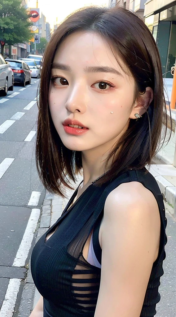 ((Best quality, 8k, Masterpiece :1.3)), Sharp focus: 1.2, Perfect Body Beauty: 1.4, Slim Abs: 1.2, ((Layered hairstyle: 1.2)), (Tank top shirt:1.1), (Street: 1.2), Highly detailed face and skin texture, Fine eyes, Double eyelids