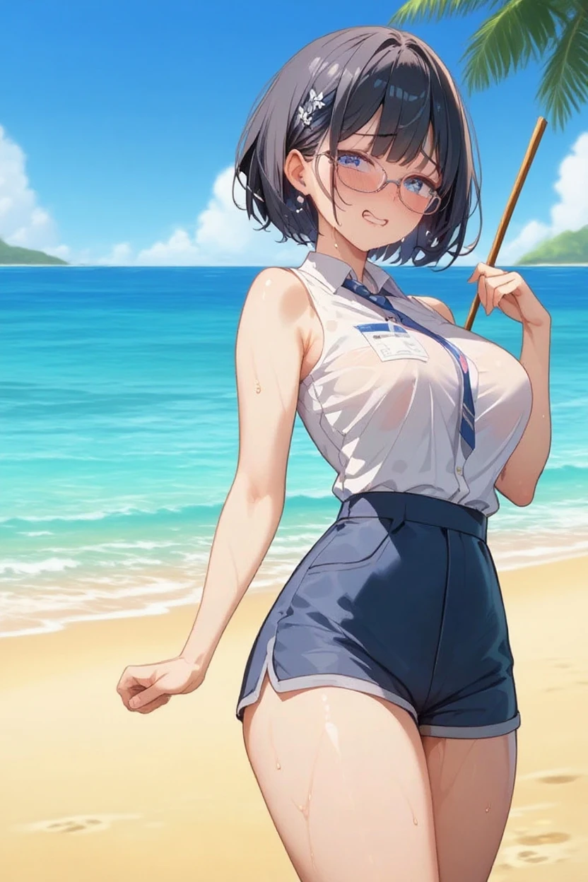 best quality, masterpiece, (独奏:1.2), (1 Female:1.2)、Age 25、Larger breasts、(Slender figure)、(Maid Style:1.2)、(メイドbikini:1.3)、(bikini:1.3)、(Wear a hat)、(Cleaning up by the pool:1.3)、(Poolside cleaning:1.3)、(Maid to clean)、(from side)、(Thighs)、(belly button)、(White highlight in pupil:1.2)、(Dark blue eyes)、(Black-haired:1.2)、(short hair)、(Look at the audience:1.2)、(Brown Skin:1.3)、(Dark Skin:1.3)、(blush)、(A shy smile)、(Blur the background to make the woman stand out:1.3)、(Soft Light)、(Summer blue sky:1.3)、(Poolside in the mansion)