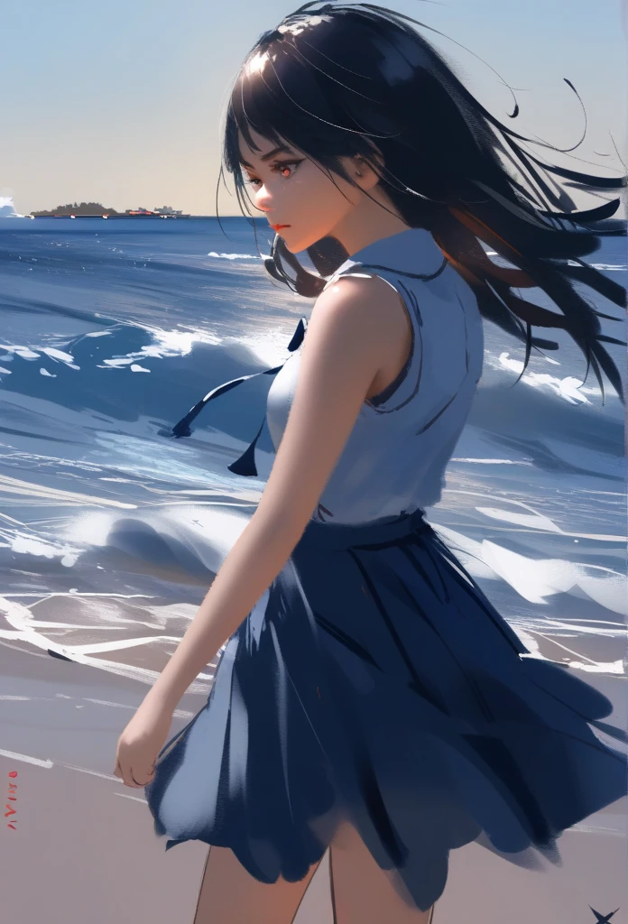 ((Best quality)), ((Masterpiece)), ((1girll)), Solo, ferry, ((Long hair)), Ferry base, ((upper legs)), Bare shoulders, ((jewelry)), ((Sleeveless)), White dress, Blue skirt, ((mitts)), thigh high, From behind,(Monet, Impresionismo, Oil painting), 0