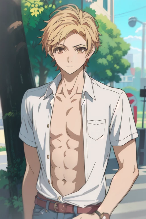 anime - along the river, １Boy, 20-year-old, Embarrassed look, short pants, topless, Short spiked Hair, Sweaty, Slender, Eyes Wide Open, makoto shinkai style, pale blue sky, pale blue river, ultra high quality, ultra detailed, detailed face, sunset