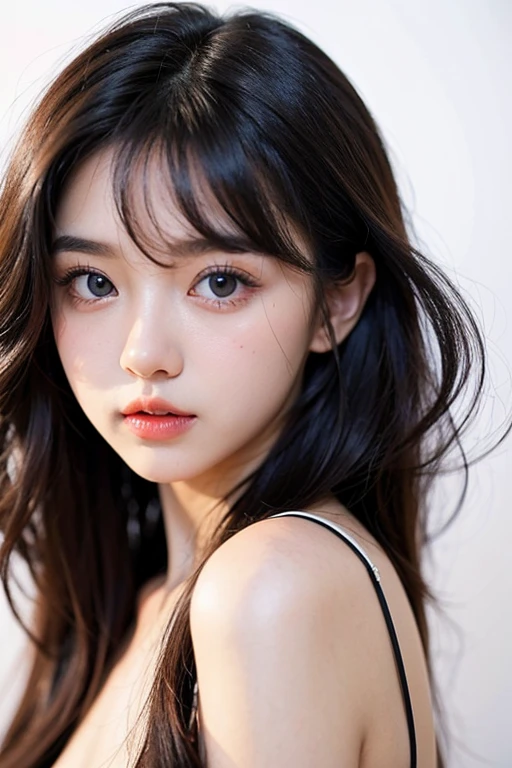 (1young girl), Extremely cute face, Amazing face and eyes, (Highly detailed eyes, Highly detailed face), fresh, Very clean appearance, (Hyper-realistic, hight resolution), (Best Quality:1.4), Raw photo, (Realistic, Photorealsitic:1.37), Professional Photography, dress opened up to half breast, (cleavage:1.2), (Bare shoulders), Smile slightly, (Staring at me), Bedroom, girl portrait,