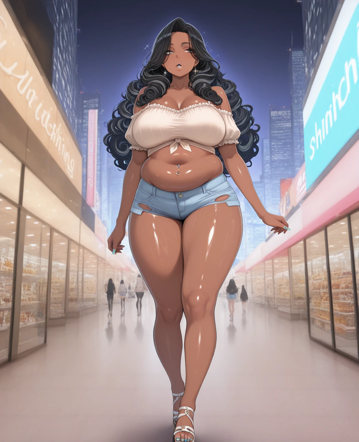 (best quality,4k,8k,highres,masterpiece:1.2), ultra-detailed, realistic, beautiful brown skin curvy girl, long black curly hair, detailed eyes and face, long eyelashes, beautiful detailed lips, joyful atmosphere, vibrant colors, warm lighting, ((((very big breasts)))), ((((very big thighs)))), wearing skater skirt and orange shirt, ((((extremely wide hips)))), walking with shopping cart in supermarket, very tall woman