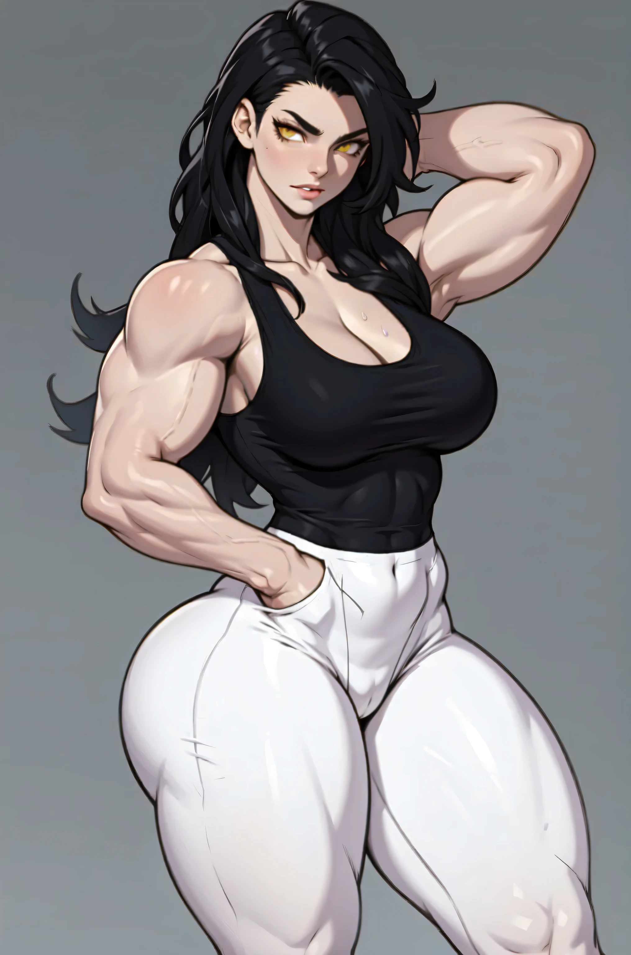 ((1girl)) pale skin large breasts (muscular) toned body thick thighs black hair yellow eyes (long hair grey background) bodybuilder angry tight shirt