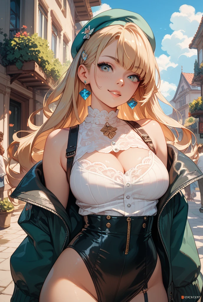 absurd, 8K, high resolution, Ultra-detailliert, beautiful, Meisterwerk, best quality, very pretty woman, Jung, blondes Haar, (Immobilienmakler1.6), schwarzer Rock, Netzstrumpfhosen, (green bra), White blouse, (yellow Augen, Augen), (very huge breasts:1.4), hair over one Augen, detailliertes Frauengesicht, Sehr attraktiv,