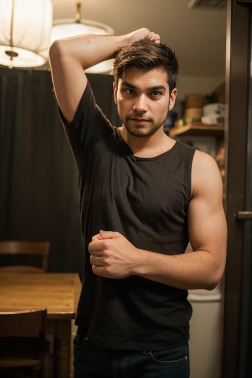 Real image of a latin model man with short black hair athletic body, short beard, kneading on a table. window light.