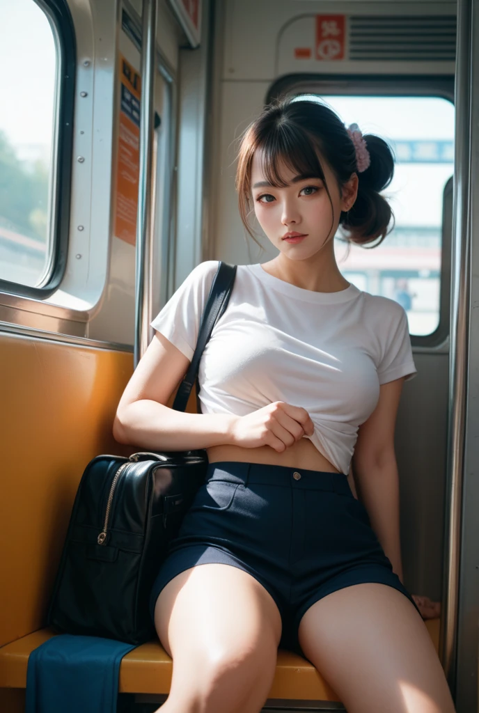 (((Misako Renbutsu)))Beautiful Young Female with ((Twin Braids) covering Bust), ((Flashing Under chest with beltbra)) on ((Dusk Train)), (extremely delicate and beautiful) Detailed Closing Texture, Professional portrait of SemiNude photography, (((beltbra:1.37, White T-shirt)White SkinnyShorts)Navel), (sitting_chair) ((lean forward)) {Knee Up}, (Motion blurred window){(Tyndall effect)|lens flare|Haze|bokeh} ZoomLayer (Oodles Blurred Colorful Lights (Starry particles)), (TopQuality Masterpiece of 8K Ultra-detailed DigitalPainting by Jeremy Lipking), ((Clearly Visible the shape of Crotch)), (extra leg:-1)(nipple:-1)