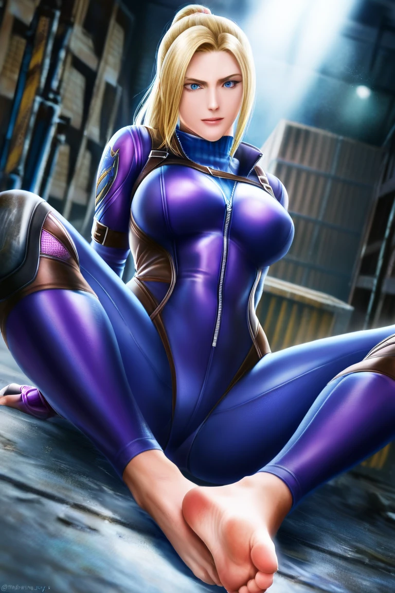 Generate an illustration of a mature Nina Williams, 1girl, looking slightly to the side, laying on knees, view from behind, perfect ass, ((Tekken)), blonde hair , (aletta ocean face), de terno preto, (bikini:1.3), ponytail hair, (large breasts:1.4), in anime format with a serious style, (purple camo bodysuit), ((purple bodysuit)), boots, gothic make up, masterpiece, ((dark lighting)), black background, (puffy lips),((slendered abs)), beautiful face,
