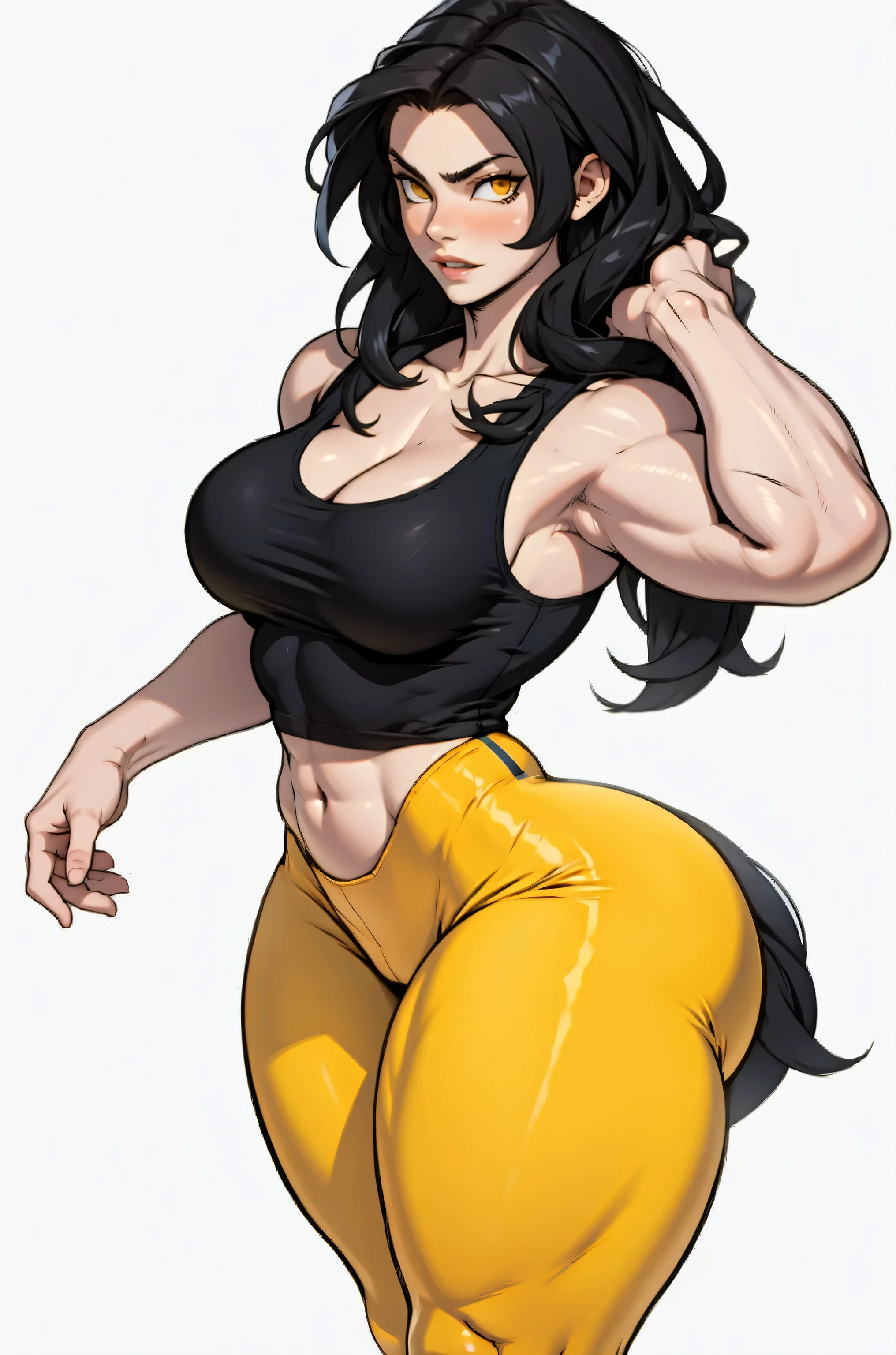 (((((((1 girl))))))), black hair, yellow eyes, very long hair, ((((((muscular)))))), tall, pale skin, (seductive expression), tank top, leggings
