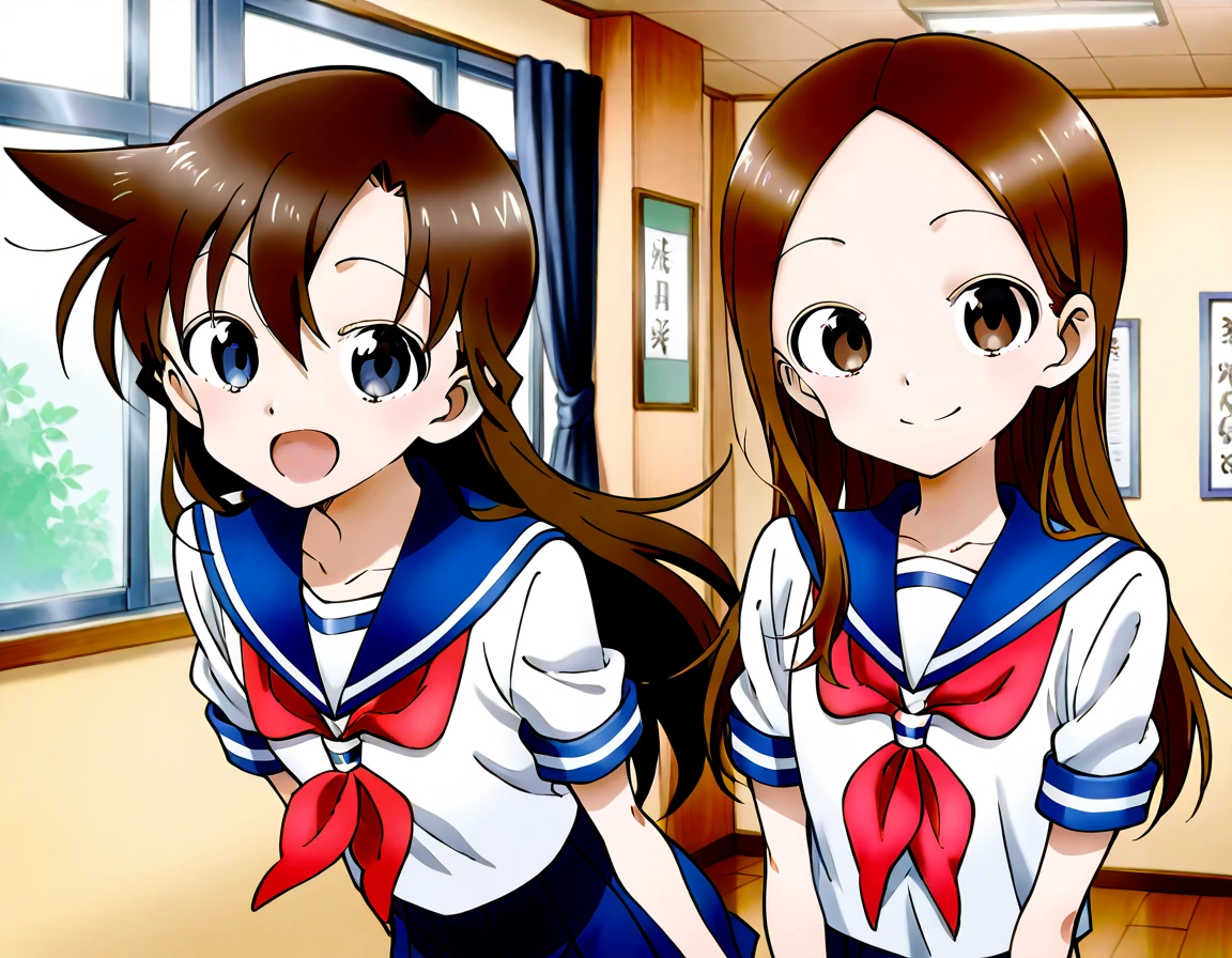 (Anime stuff, Retro art style, Clean brush strokes, Very detailed, Perfect Anatomy, Browsing Caution), Bedroom Background, (erika, 1 Girl), Eyebrows visible through hair, bangs, Dark brown hair, Long Hair, Katyusha with ribbon, (blue eyes, Beautiful and detailed:1.2), Looking at the audience, Open your mouth (smile:1.5), (Sitting, Spread your legs), (Beautiful body, smooth curve, Perfect figure), (Over the school uniform), (Large Breasts:1.2, A taut shape), (School uniform short skirt), I can see her panties:1.1,