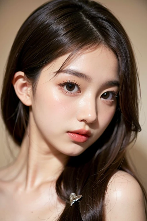 best quality, face focus, soft light, ultra high res, (photorealistic:1.4), RAW photo, very beautiful korean girl, solo, cute, Light yellow hazel eyes, (pupil, lights in the eyes), detailed beautiful face, (small chest),(high resolution detail of human skin texture), golden brown hair (long hair), indoor, Very beautiful face, doll face, very sexy face Cute yellow top Helf body shot