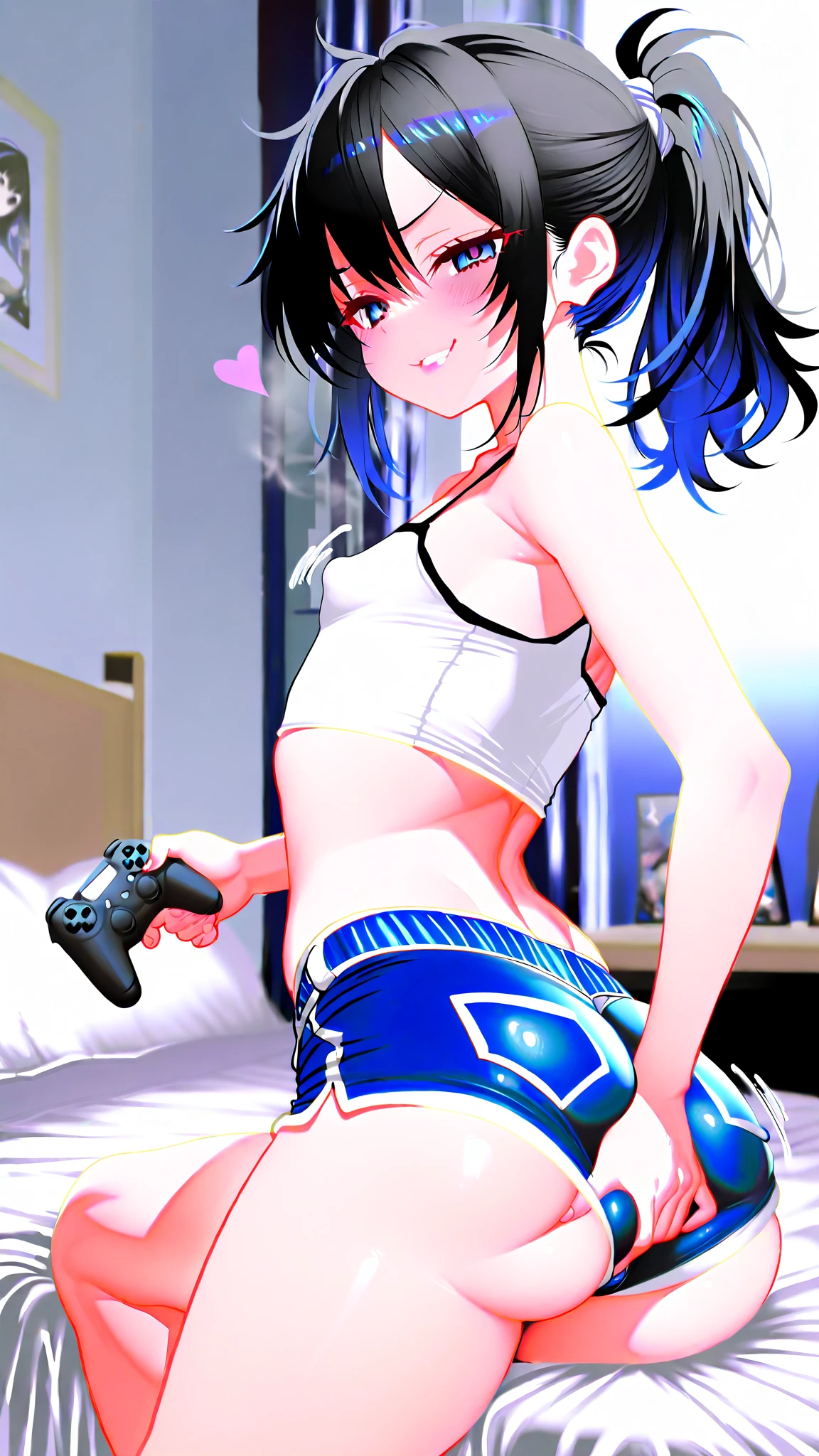 anime style, best possible quality, futuristic room woman of random ethnicity, just in panties and bra, locked in the room dancing, doors and windows locked, led light, music player with playlist projected on the wall, she sings while holding a hairbrush close to her mouth, she smiles and has fun