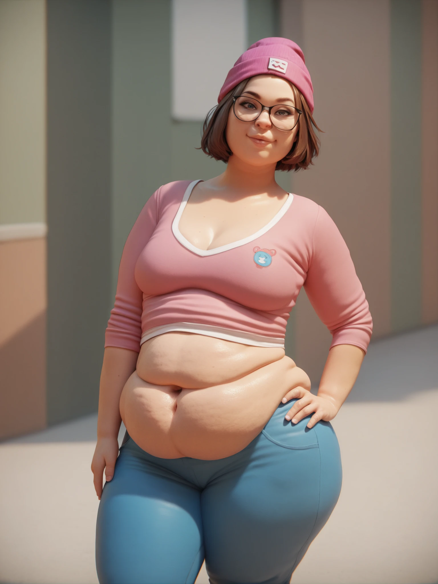 Sunkissed skin all over, Thicc, moobs, extremely morbidly obese, pink and white hair, ((wearing)), black 50s glasses, pink tanktop, black leggings, voluptuous, feminine boy, femboy, perfect hands, perfect face, smile, (anatomically correct), (Perfect/ realistic proportions:1.2), (overwhelmingly fat arms, obese face), hands grabbing belly, ((extremely widest hips possible!)), ((extremely massive thick thighs, morbidly large belly), belly overhang!)), (1080P, 4k UHD, Masterpiece:2.1!) ((single)), background: tilted towers_fortnite