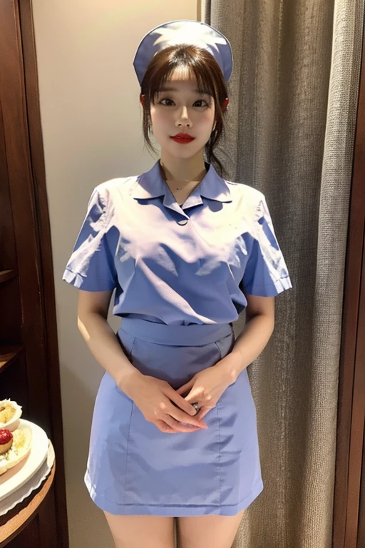 muste piece, best quality, illustration, Super detailed, fine details, High resolution, 8K,wall paper, perfect dynamic composition,(Details High quality, realistic depiction of eyes:1.3), Hospital Rooms、White nurse cap、White tights、White nurse uniform、to stand、Hand skirt、Flipping up a white skirt, large breasts,short bob hair, black hair color, Big Natural Color Lip, bold sexy pose, crying a little、cold gaze, Harajuku style、20 year old girl、cute type、lolita、beautiful legs, hposing Gravure Idol