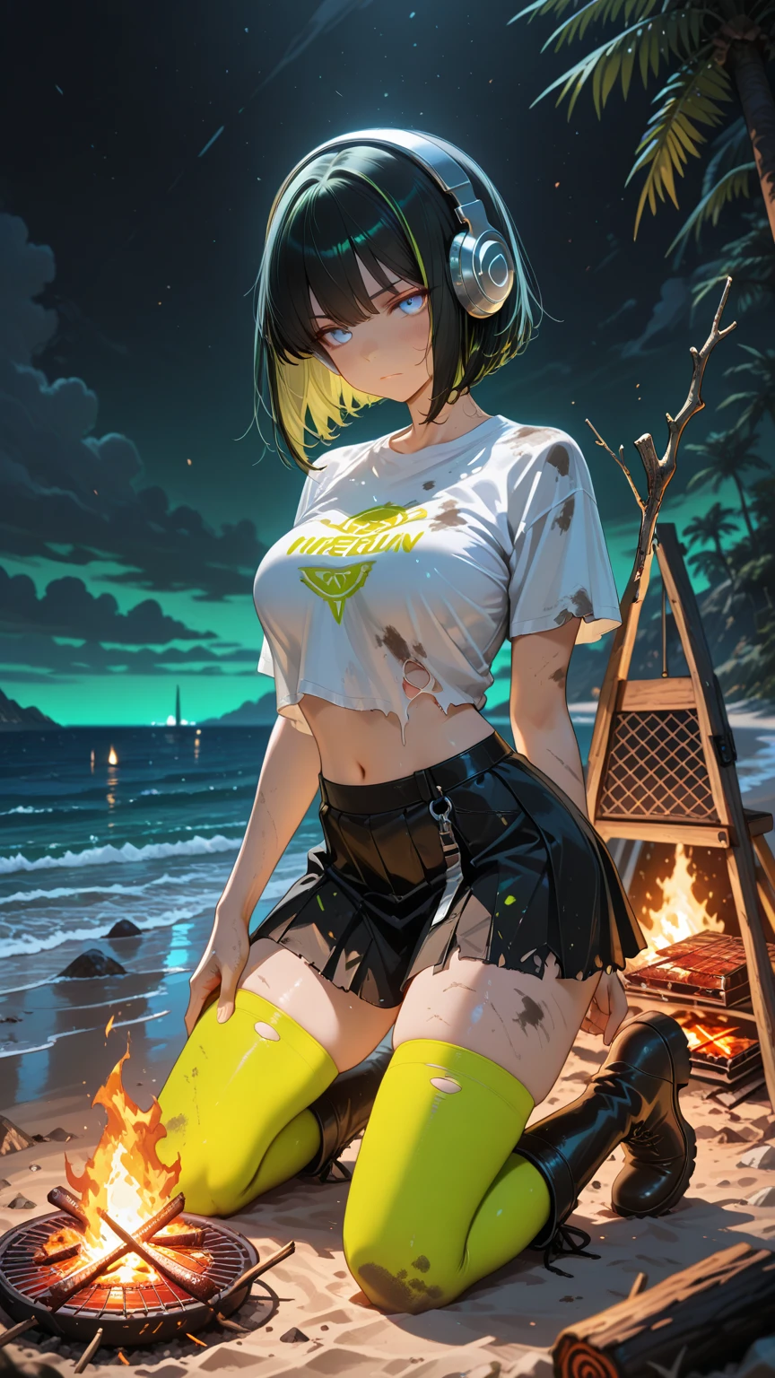 ((Highest quality, 8k, masterpiece :1.3)), (Sharp focus :1.2, Beautiful woman with perfect figure :1.4, Slim Abs :1.2), ((Big Breasts, Emphasize cleavage, The underboob is visible:1.3)), (Photorealistic:1.4), (realistic:1.4), (Pink Hair:1.5), Highly detailed face and skin texture, Fine grain, double eyelid. Makeup face, A little bit of lipstick, sex appeal, Sexy gravure pose, ((Black tank top and red hot pants。The background is the beach、Campfire at night。Accessory: silver anklet。:1.3)