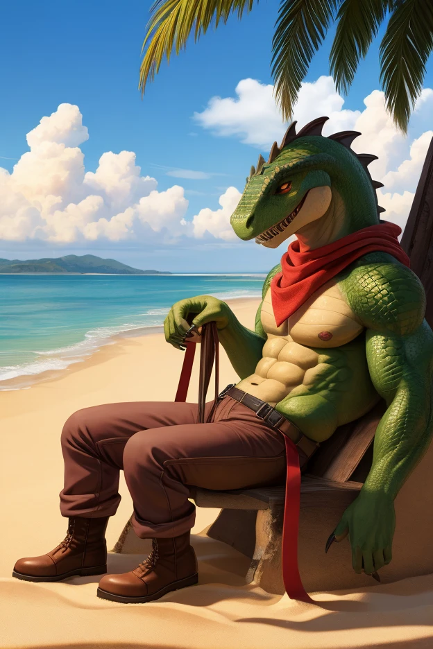 The muscular male green dragon, with his seductive grin, reclines on the sandy beach, showcasing his sexy form in nothing but a fitted Speedo. His large, impressive bulge adds to his allure, creating an irresistible sight. The high-quality image captures every detail, from the intricate scales covering his body to the veins bulging in his strong arms. The background is filled with the vibrant hues of a beautiful sunset over the ocean, adding to the sensual atmosphere. By chunie, NSFW.