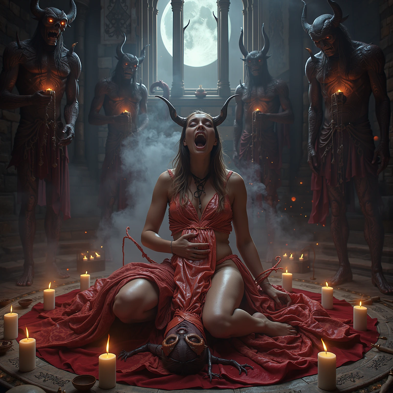 a mystic, demons, woman, altar, candles, fear, horror, pain, Demons