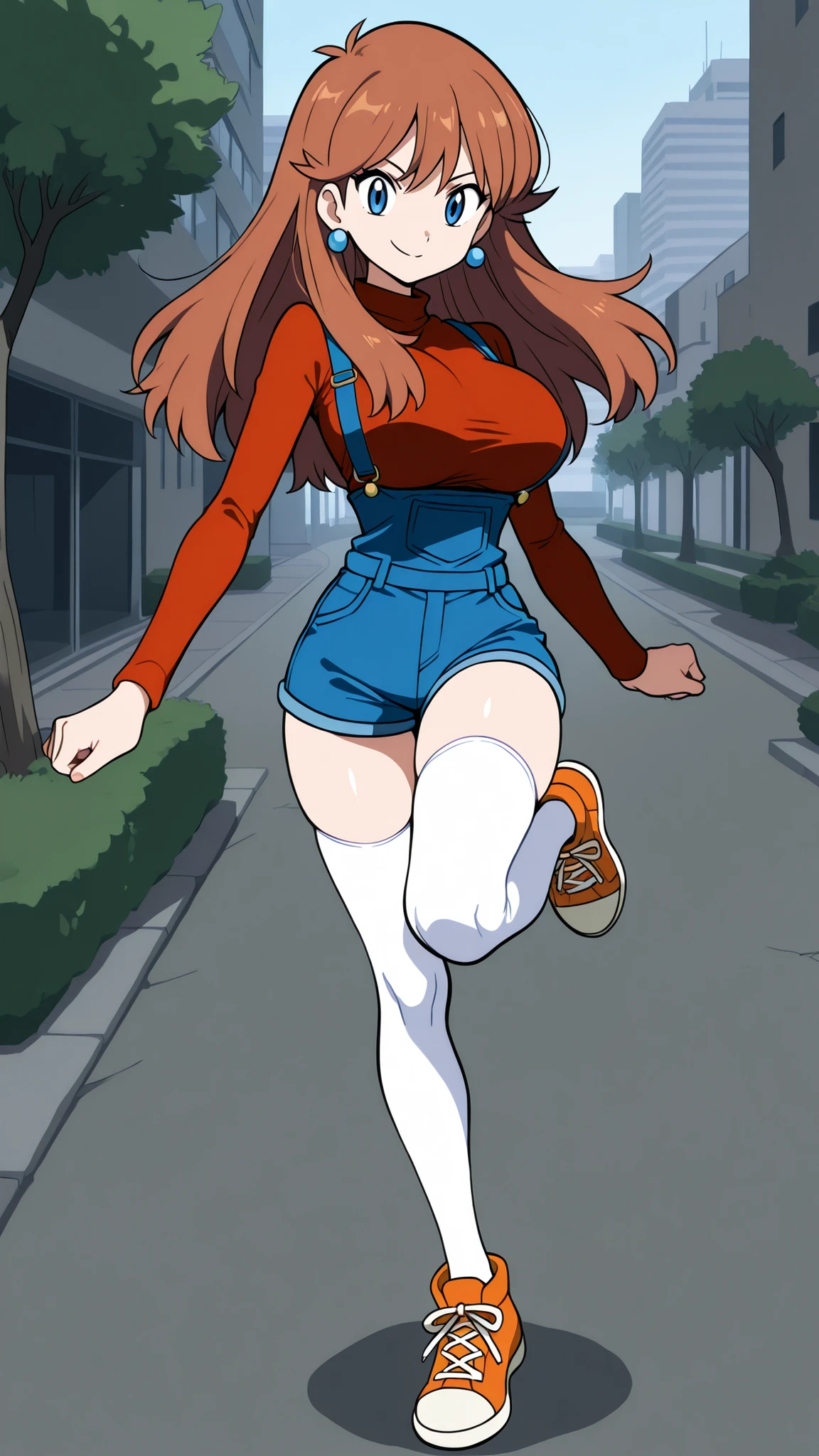 adult older sister, Tall, big boobs, slim sexy body that can be licked by mobs, orange sneakers with hee-cups, raised one leg, Kick High, sidekick, bare hands, red long sleeve shirt, blue overalls denim overalls, white knee-high stockings, Absolute region, thighs, Beautiful legs, Beautiful legs, ((top quality)), ((masterpiece)), ((details)), standing, 1girl, two legs, two arms, orange brown hair color, long hair, blue eyes, anime coloring book, 1 woman, Age 18, A determined smile, blue earrings, Three idiot hairs , bangs, Full Body, City, Sidewalk, (\Pokémon\), score_9, score_8_excellent, score_7_excellent, score_6_excellent, Source_anime, cell shading, flat color, vector,