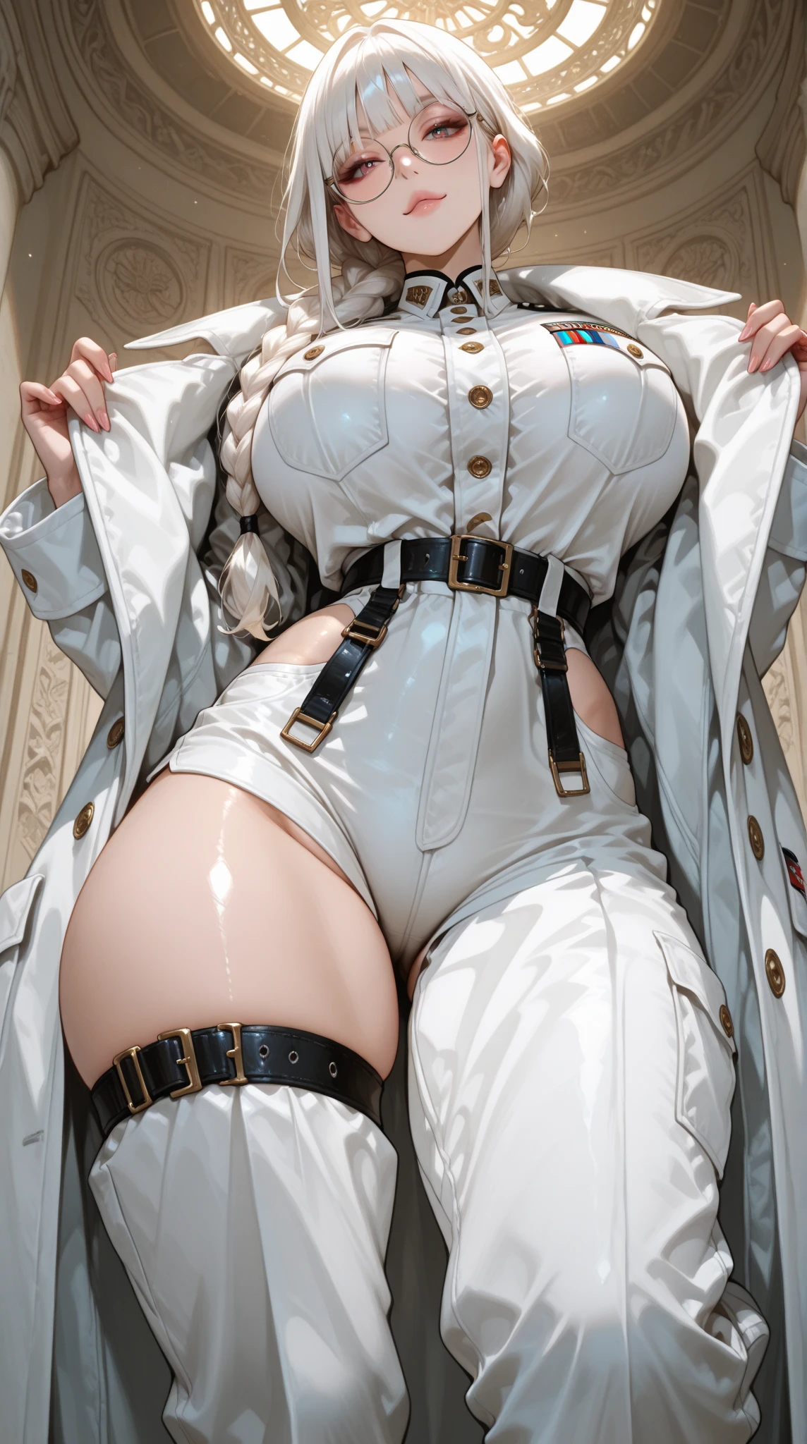 NSFW,One girl, Portrait of a beautiful donkey pex, Athletic ability, Blue jacket, White corset, skirt, White trousers, Police Medal,Holster on waist,Redhead, Braid, compensate, choker, Cleavage, Wide Hips, Volumetric lighting, Highest quality, masterpiece, Intricate details, Tone Mapping, Sharp focus, Super detailed, Trending on Art Station,Urban area, Realistic anime,cartoon,Take off your pants,pussy juice,creampie,blush,White Breath,Embarrassed,Lying in bed,