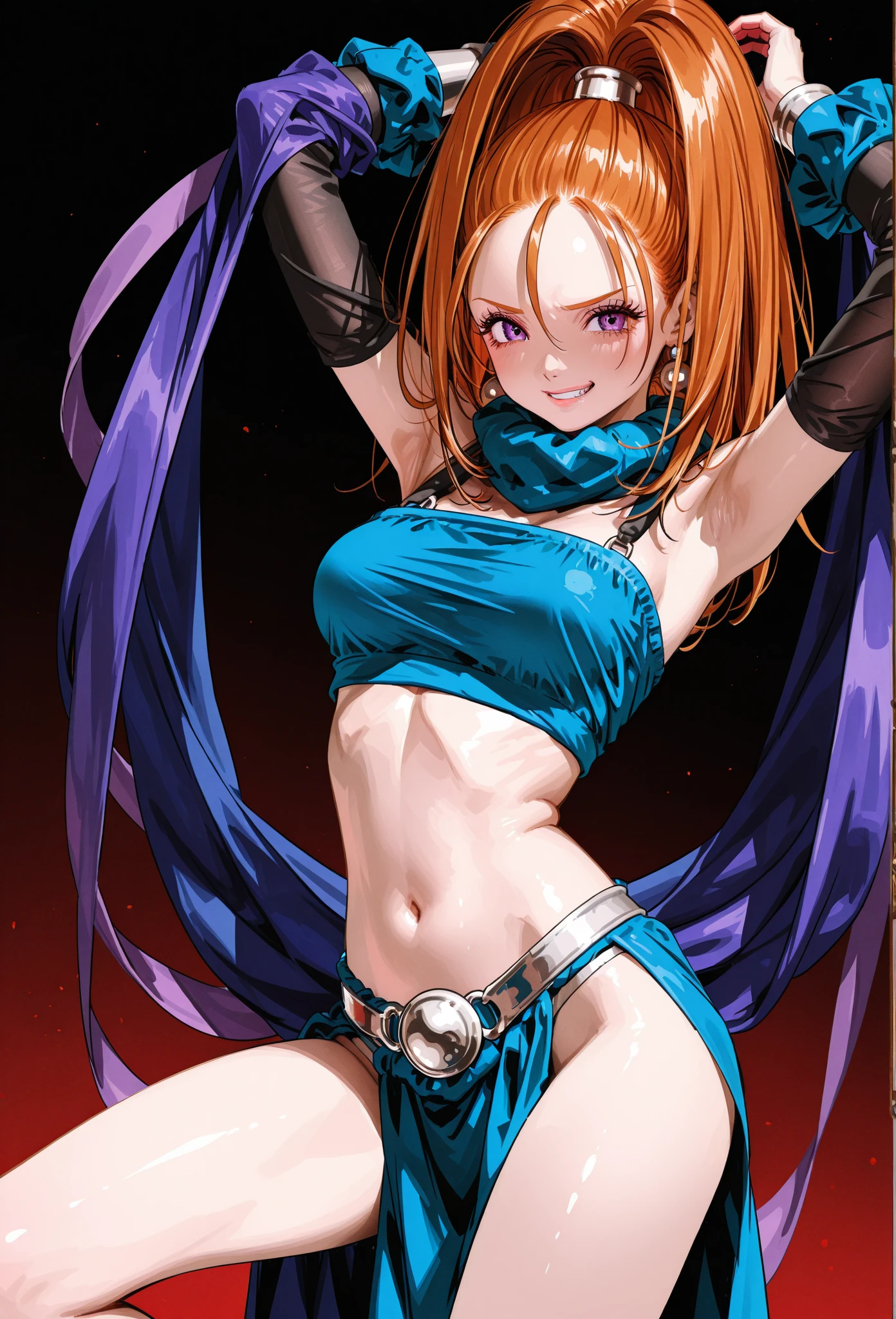 Create an incredibly detailed drawing of Yoko's character from the anime Gurren Lagann in the space environment. Let Yoko be pictured up close to show all her gorgeous appearance details. Please ensure the highest quality and maximum detail so that every line, shadow and texture is clear and realistic. Use sharp focus to especially reflect the vivid expression on her face and her characteristic features such as her hair, eyes, and clothes. Add space surroundings with neon lights and a colorful spectrum to create a futuristic, exotic atmosphere. Let these lights illuminate and accentuate Yoko's beauty and elegance. Please make the drawing accurate and appropriate to Yoko's appearance from Gurren Lagann anime. I am grateful for your attention to detail and creativity in fulfilling this order.Littner,yl1, ponytail, scarf, bikini top only, short shorts, mid,,Yokoriff, belt, fingerless gloves, skull hair ornament, elbow gloves, pink thighhighs,better_hands,hands