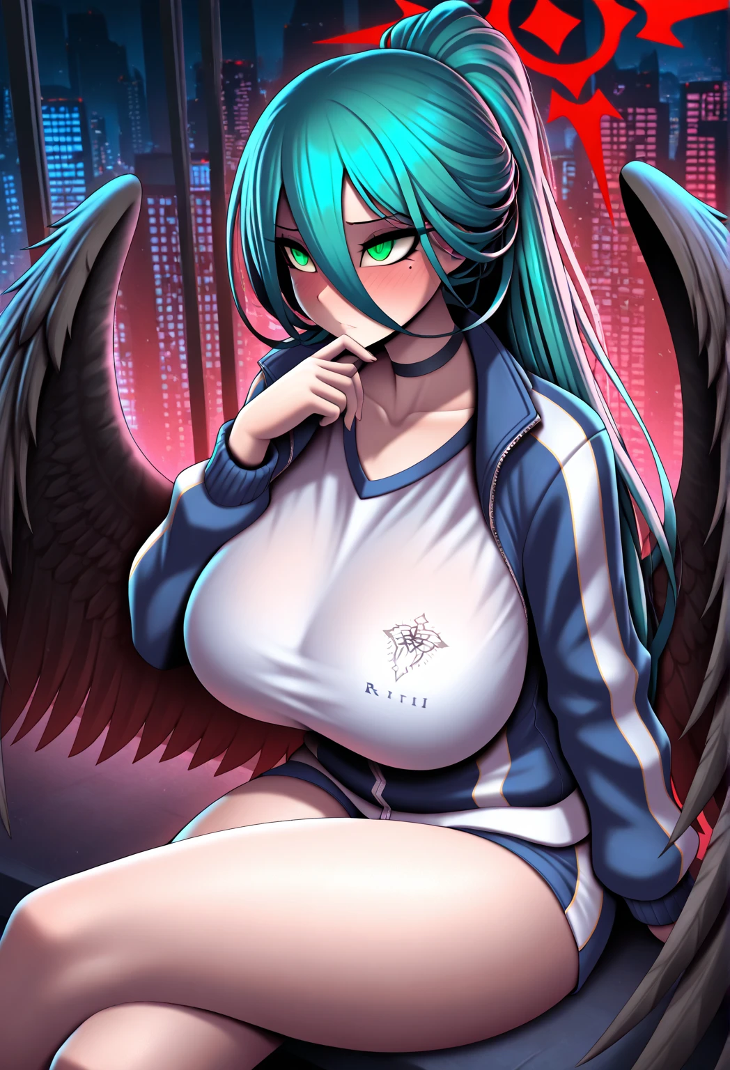 masterpiece, best quality, highres, (realistic), 1girl, al1, demon horns, slit pupils, black wings, feathered wings, low wings, medium breasts, <lora:albedo_(overlord)_v10:0.7>, naked, completely naked, nude, cyborg, pink robot body, crossed legs, blush, looking at viewer, ciberpunk city, (neon lights), sexy, unreal engine, octane render, <lora:add_detail:0.5>