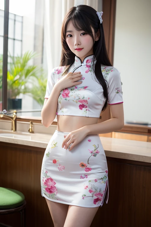 High quality, 4k, rich in details, 1girl dominant, beauty, long hair, single ponytail, seductive smile, long legs, white tight cheongsam, sexy, straight waist