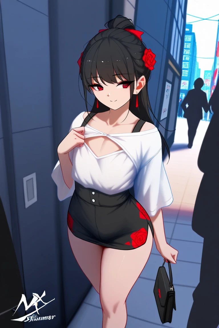 shinomiya kaguya, red eyes, black hair, red hair ribbon, folded_ponytail, hair_ribbon, red_eyes,masterpiece,high quality,8k,(detailed eyes:1.4),(small breast:1.1),1girl,solo,BREAK
stretch silk floral applique evening dress from Valentino featuring a round neck, long sleeves, a concealed rear zip fastening, a tie waist and a flared skirt,BREAK
Coastal town with fishing boats in the marina having a vista view of the ocean,BREAK
high quality, 8k, beautiful lighting, beautiful, natural volumetric lighting, high detail BREAK
(perfect hands, perfect anatomy), <lora:loveiswar:1>