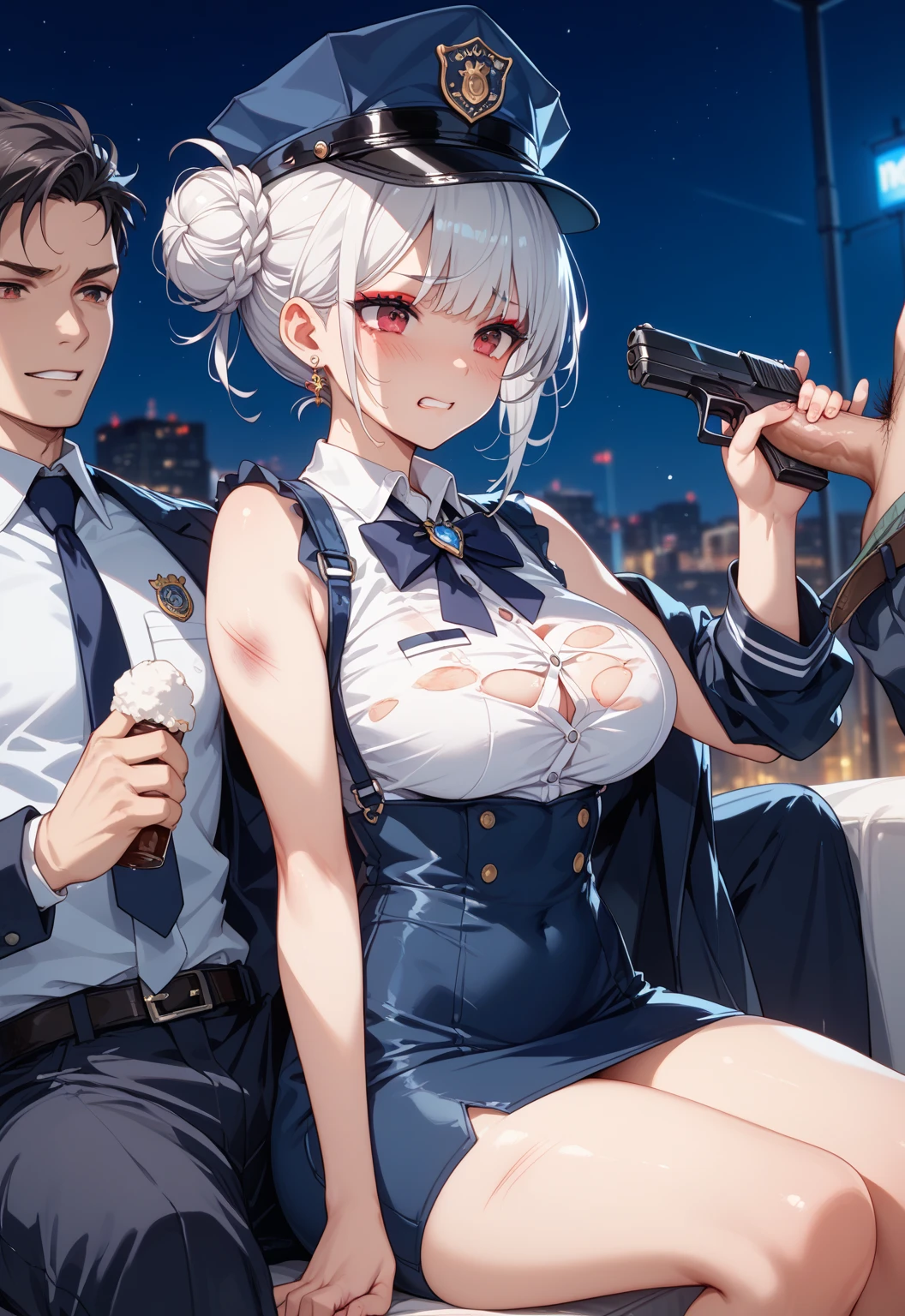 {nsfw}+++(1girl, solo female, solo, solo focus, milf,big breast,) {nsfw}+++++++++++++, big breast, erect niples, pelvic_curtain, revealing clothes, cleavage, cameltoe, brown_hair, jacket, gloves, patlabor, 1girl, sky, necktie, yellow_neckwear, riding, shirt, outdoors, patlabor police_uniform, vest, bangs, day, sexy police milf, smile, white_shirt, blue_sky, standing, dress_shirt, shoes, short_hair, blue_jacket, city, from_side, looking_down, headwear_removed, straddling, oldschool, black_footwear, patlabor_uniform fro sexy milf woman, gun, blue_background, shadow, white_gloves, mecha, science_fiction, blue_pants, boots, bowtie, 1990s_(style), holding, looking_away, open_clothes, black_neckwear, closed_mouth,sexy milf police woman, open_jacket, blazer, wing_collar, cloud, looking_afar,